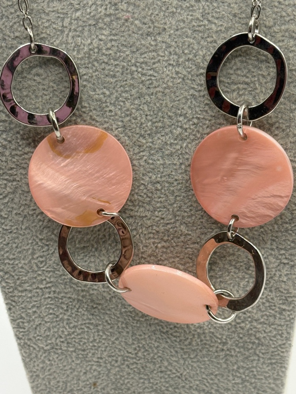 Pink Mother of Pearl Disc and Mixed-Metal Link Necklace By C 1946